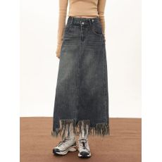 批发官图大码女装<b class='q'>秋</b>季时髦流苏高腰设计感a字开叉复古牛仔半身长裙