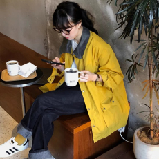 批发2026新韩国东大门新款 重工版 大撞色翻领 直筒宽松<b class='q'>工装</b><b class='q'>风衣</b>外套