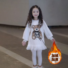 批发女童加绒<b class='q'>卫衣</b>裙秋冬季2025新款洋气中大童女孩<b class='q'>小熊</b>荷叶边连衣裙冬