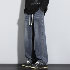 批发实拍秋季新款复古<b class='q'>牛仔裤</b>男<b class='q'>松紧腰</b>橡筋裤直筒宽松潮流百搭拖地裤