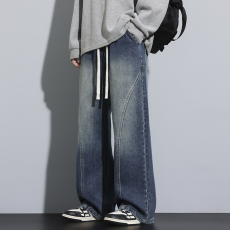 批发实拍秋季新款拼接复古<b class='q'>牛仔裤</b>男宽松直筒<b class='q'>松紧腰</b>潮流百搭休闲长裤