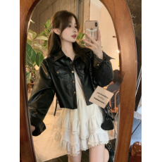 批发韩系翻领短款长袖PU<b class='q'>皮衣</b><b class='q'>外套</b>女宽松百搭复古机车服<b class='q'>外套</b>
