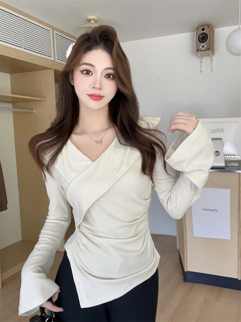 빅 사이즈 디자인 센스 프릴 V넥 맨위 여성 가을 지방 mm 슬림해 보이는 불규칙 Chic 아름다운 인사이드 가져 가라. 작은 셔츠