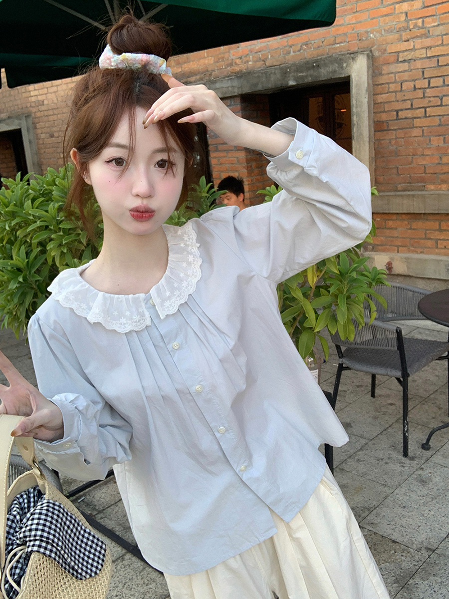 MY15895# 韩版新款上衣设计感甜美学院风花边娃娃领百搭衬衫女裝貨源服...