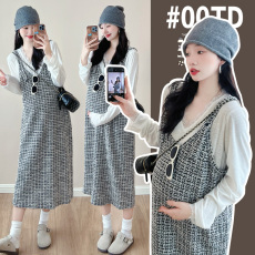 批发实拍新款网红孕妇装时尚设计感孕妇背带裙＋宽松打底衫两件套