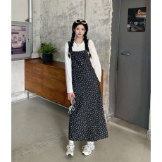 批发学院风牛仔背带裙碎花<b class='q'>连衣裙</b>女秋2026新款韩系休闲减龄遮肉A字裙