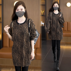 批发大码秋季不规则拉链装饰豹纹卫衣女宽松慵懒风高街中长款套头上衣