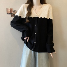 批发~实拍胖MM大码撞色设计感拼接法式<b class='q'>针织</b>衫宽松显瘦<b class='q'>上衣</b>