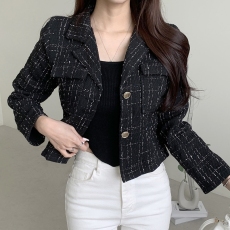 批发春秋季韩版经典<b class='q'>西装</b>领两粒扣简约休闲粗花呢<b class='q'>格子</b>小香风短外套女