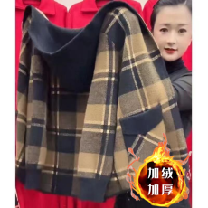 批发<b class='q'>妈妈</b>中老年加绒秋冬短款<b class='q'>外套</b>秋冬季新款洋气毛呢格子连帽上衣开衫
