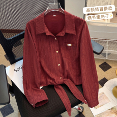 批发2026春季女装新款时尚洋气polo领长袖<b class='q'>衬衫</b>女设计感小众绑带上衣潮