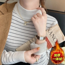 批发抖音天猫质量一体绒毛衣女<b class='q'>加绒</b>加厚新款条纹半高领保暖百搭<b class='q'>打底衫</b>