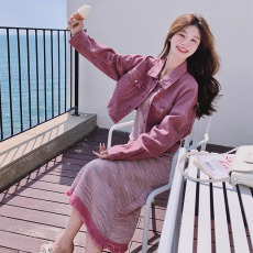 批发早秋穿搭套装2026复古减龄慵懒风牛仔短外套内搭针织吊带连衣裙子