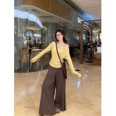 批发实拍实价~<b class='q'>彩色</b>扣子一字肩上衣露肩长袖打底+阔腿西裤立体褶垂感