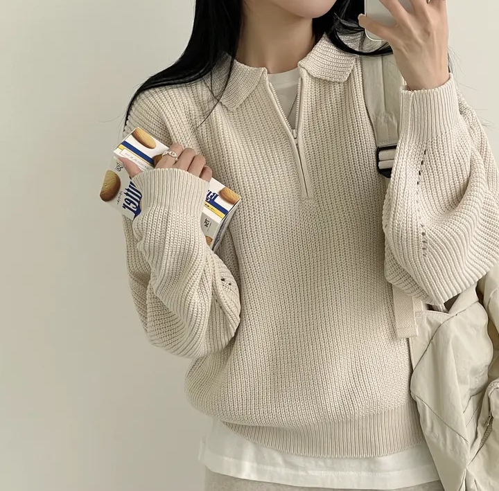 지금 재고 있음 빅 사이즈 한국 chic 미니멀리즘 다용도 POLO 칼라 하프 지퍼 느긋한 루즈핏 스웨터 보온 니트 스웨터