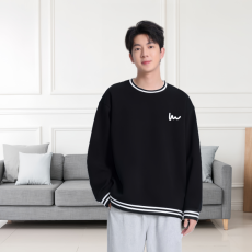 批发圆领卫衣美式宽松间色螺纹圆领重磅350G卫衣宽松舒适青春简约男女