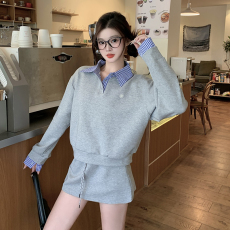 批发实拍2025秋季新款胖mm大码女拼接polo领运动风卫衣半身裙套装