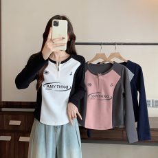 批发实拍2026春装新款胖mm大码女休闲百搭撞色字母半开领修身长袖T恤