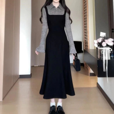 批发大码胖mm实价~法式<b class='q'>赫本</b><b class='q'>风</b>假两件黑色气质连衣裙女