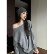 批发实拍一字领长袖针织衫女秋季新款<b class='q'>宽松</b>蝙蝠袖毛衣休闲气质露肩上衣
