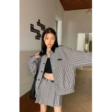 批发千鸟格棒球服<b class='q'>外套</b>女韩版宽松休闲长袖上衣高腰复古A字短裙两件套