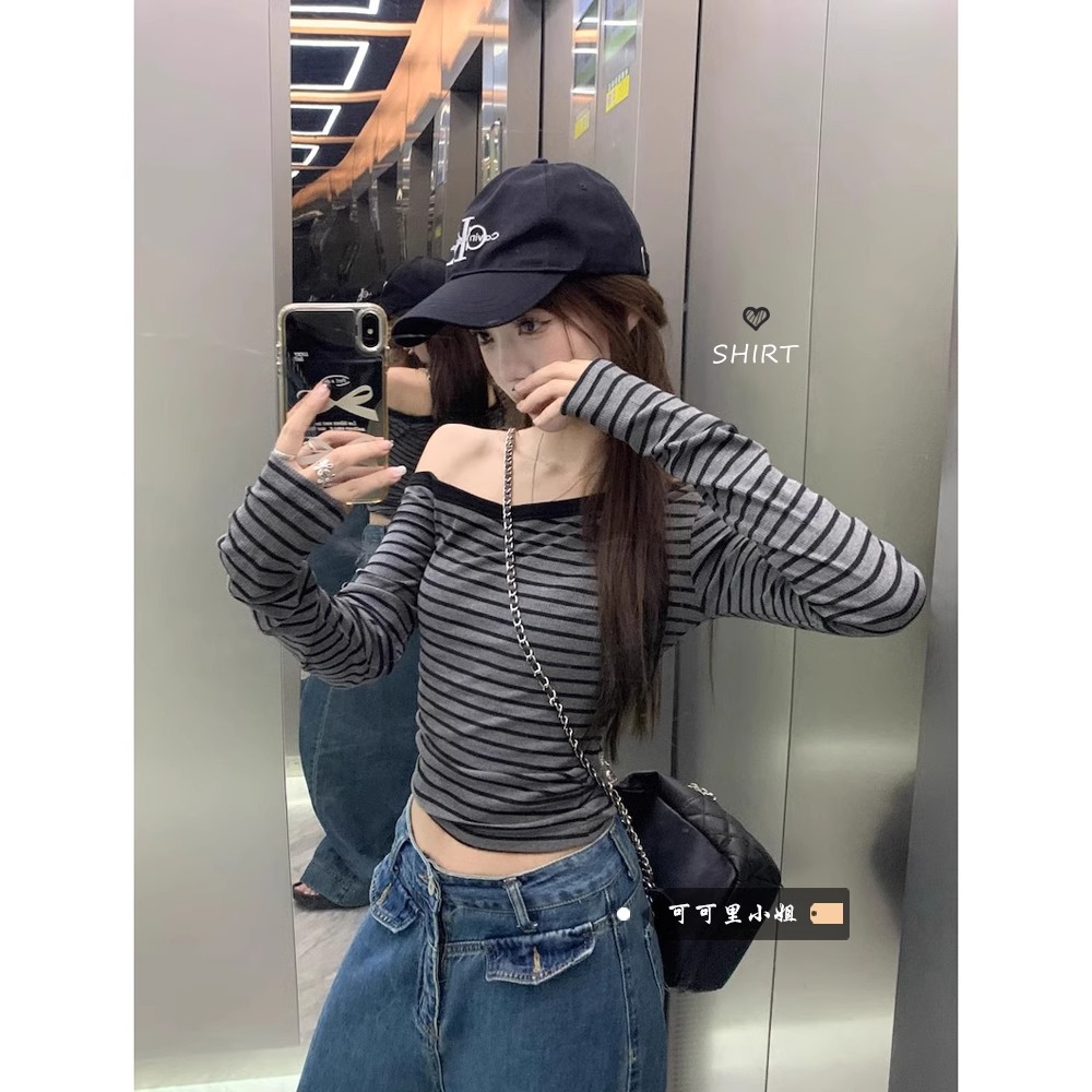 2 2 리브 260 그램 긴팔 티셔츠 여성 2026 봄 가을 얇은 스트라이프 몸매 가꾸기 오프숄더 칼라 기본 셔츠 맨위