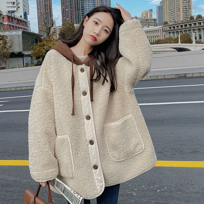 Lamb plush coat for women in autumn and winter plus velvet and thickened hooded loose and versatile new Korean style fur all-in-one cotton coat for women