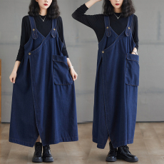 批发复古牛仔背带裙女 新款春秋夏季吊带裙宽松大码洋气质时髦