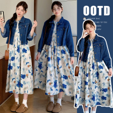 批发实拍 2025秋装孕妇装新款水墨画背心连衣裙牛仔外套两件套