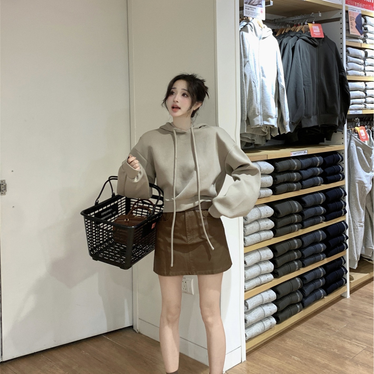 Actual shot~24 new autumn and winter solid color jelly cotton hooded sweatshirt + temperament A-line washed retro leather skirt