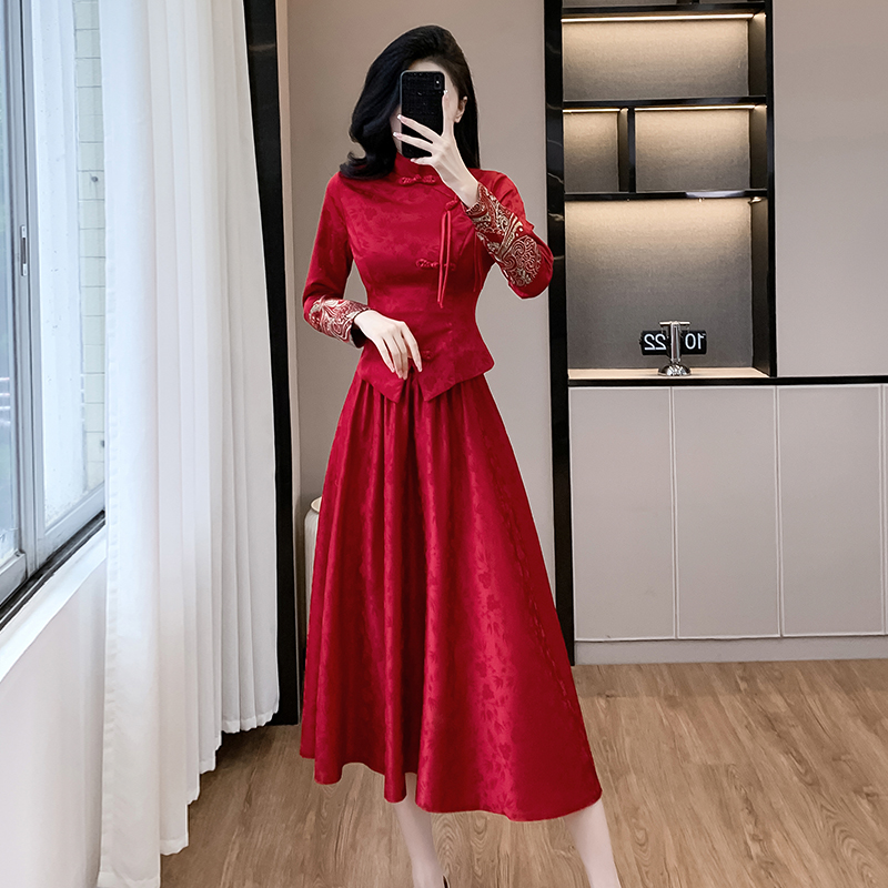 PF25790# 新中式敬酒服套装秀禾服红色小个子长袖新娘婚服订婚礼服平时可穿