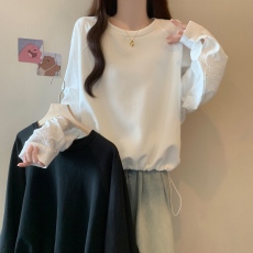 批发插肩袖正肩白色卫衣大码女装2025秋季新款胖mm宽松打底衫抽绳上衣