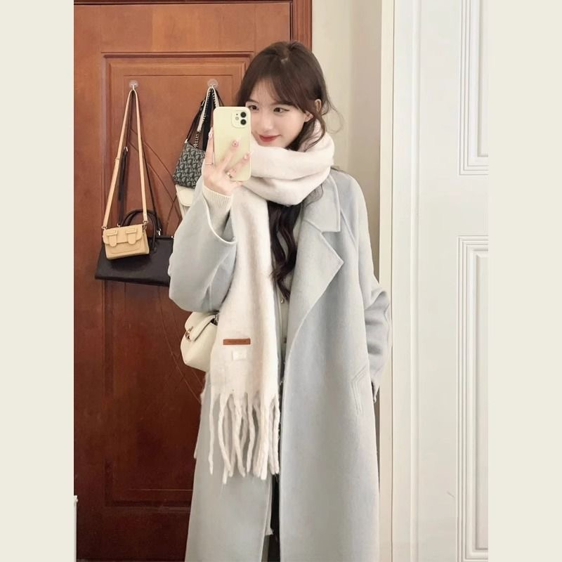 Korean autumn and winter clothing Hepburn style high-end small loose blue woolen coat woolen coat women's mid-length