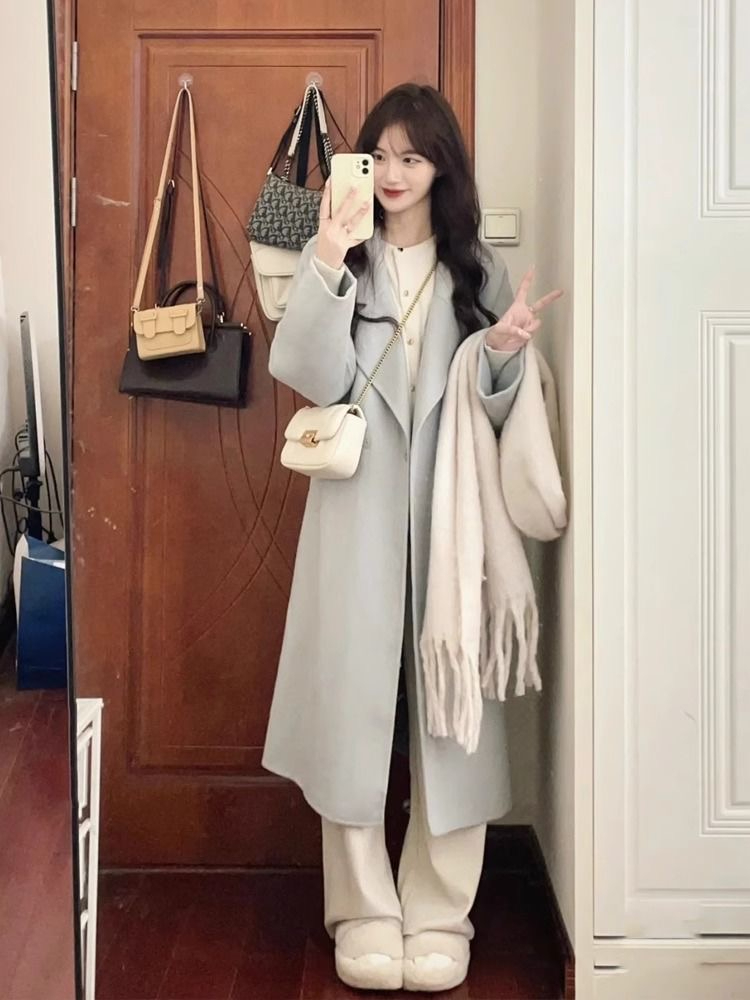 Korean autumn and winter clothing Hepburn style high-end small loose blue woolen coat woolen coat women's mid-length