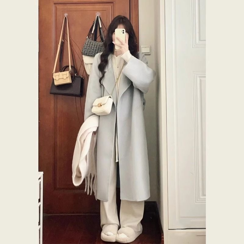 Korean autumn and winter clothing Hepburn style high-end small loose blue woolen coat woolen coat women's mid-length