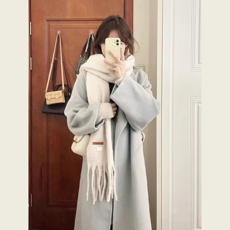 Korean autumn and winter clothing Hepburn style high-end small loose blue woolen coat woolen coat women's mid-length