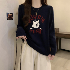 批发大码女装秋冬圆领针织套头衫女胖mm卡通小熊字母提花宽松遮肉毛衣