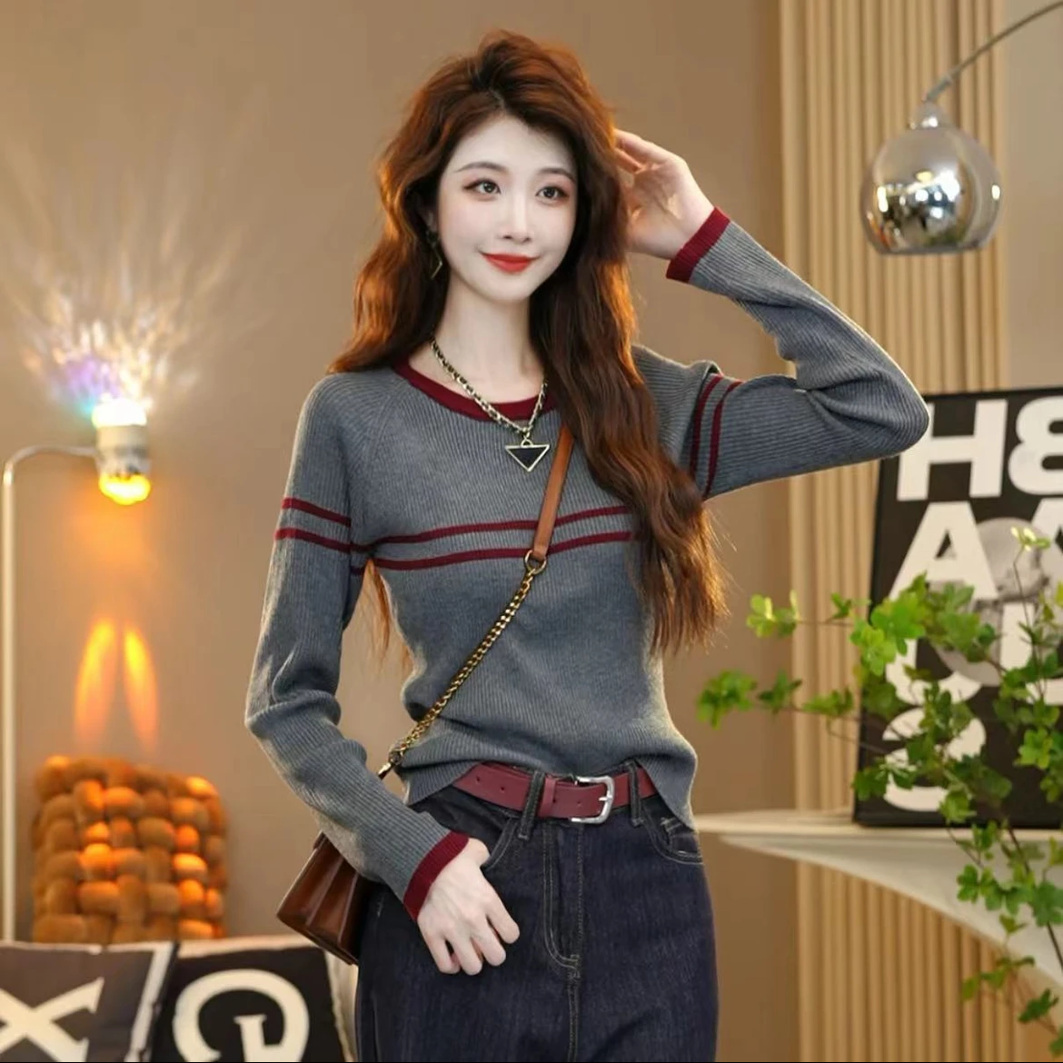 Core-spun yarn striped contrasting color round neck knitted sweater for women 2024 autumn new style foreign style versatile knitted base layer for outer wear