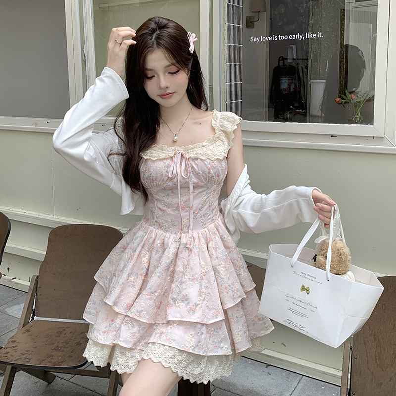 실사 사쿠라 제직 플라워 링 달콤함 작은 날다 소매 부드러운 꽃무늬 허리 수축 점프 슈트 미니 스커트 빅 사이즈 여성 의류 슬립 숙녀 치마