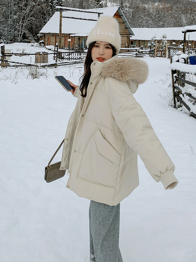 Short down jacket for women 2024 winter new style small thickened hooded big fur collar Korean style casual loose type