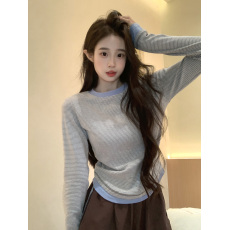 批发实拍260克螺纹长袖t恤女2026<b class='q'>春秋</b>新款条纹薄款修身打底衫圆领上衣