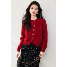 批发实拍◆有小香风圆领开衫别致毛边设计感羊毛针织衫上衣外套女