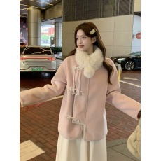 批发新中式粉色小香风外套女秋冬2025新款小个子加厚中长款毛呢大衣