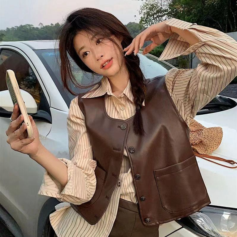 Korean retro sleeveless PU leather jacket women's 2024 spring and autumn new outer wear loose vest vest short top