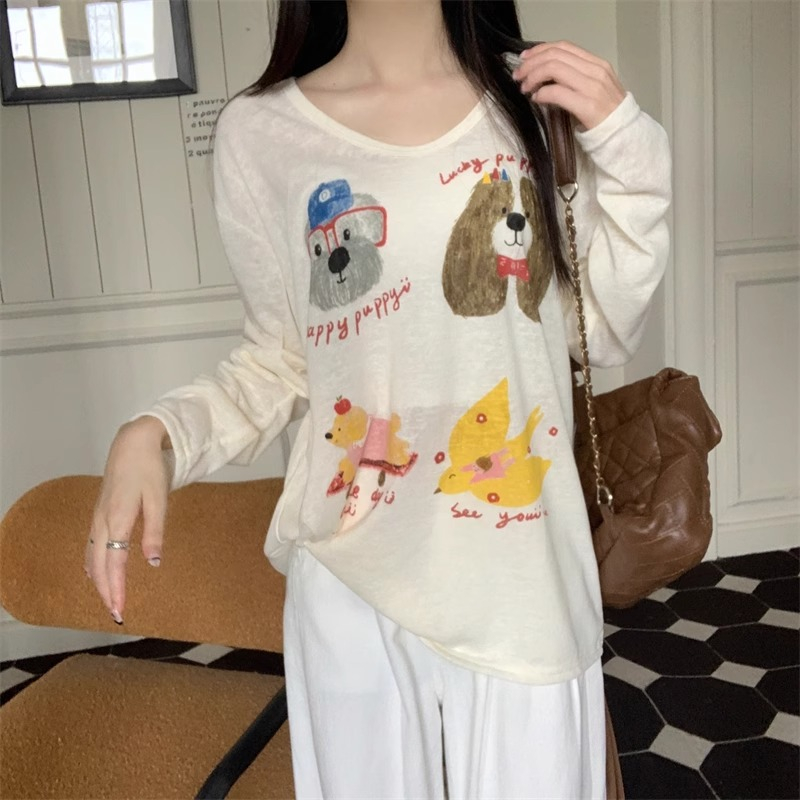 Official picture original snowflake linen spring and autumn U-shaped letter animal cute dog print long-sleeved T-shirt for women