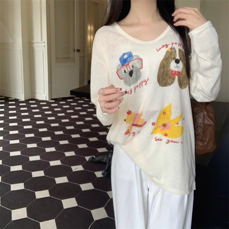 Official picture original snowflake linen spring and autumn U-shaped letter animal cute dog print long-sleeved T-shirt for women