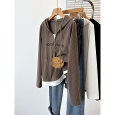 批发实拍2026春季新款胖mm大码女休闲百搭拼接刺绣连帽针织上衣