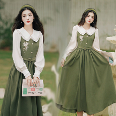 批发实拍  复古文艺学院风 双层格子背心裙+长袖娃娃领衬衫<b class='q'>连衣裙</b>6558