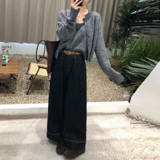 批发复古明线阔腿牛仔裤女春秋高腰遮胯宽松显瘦<b class='q'>休闲</b>百搭九分奶奶裤子