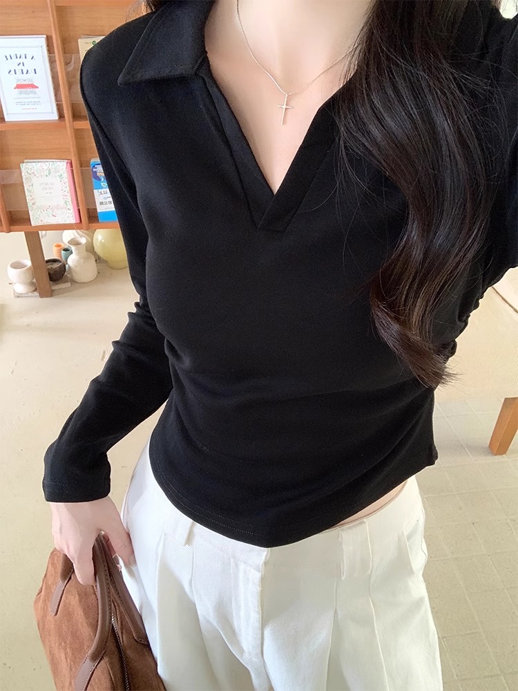 Official picture 210g pure cotton threaded POLO collar long-sleeved T-shirt for women in spring, autumn and winter bottoming shirt with inner waist